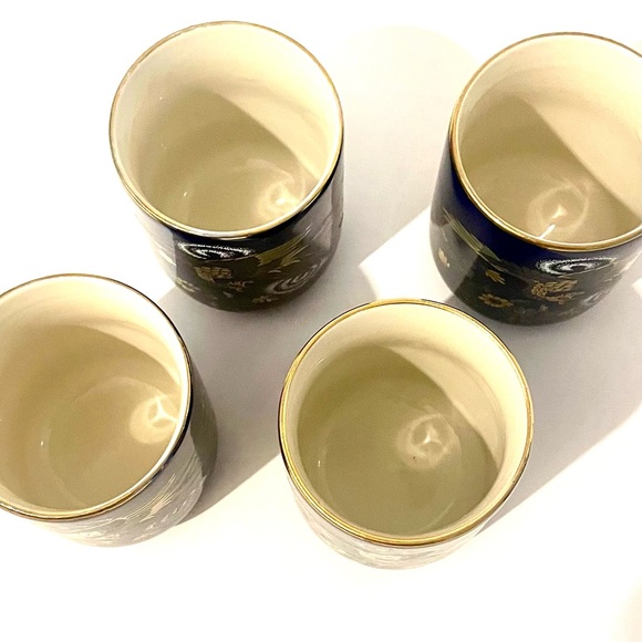VTG Japanese Sake Cups Cobalt Blue Porcelain Gold Bird Floral Design Set of 4 - Picture 4 of 6
